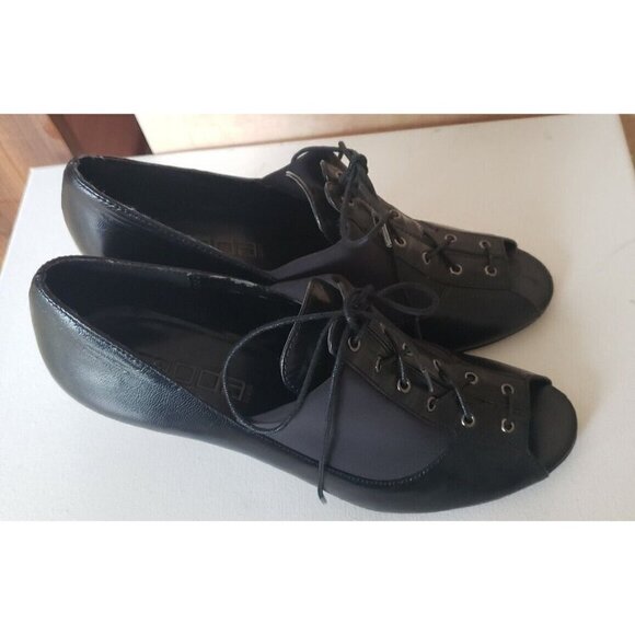 MODA SPANA BLACK LEATHER OPEN-TOE LACE HILLS SZ 8.5 - Picture 1 of 8